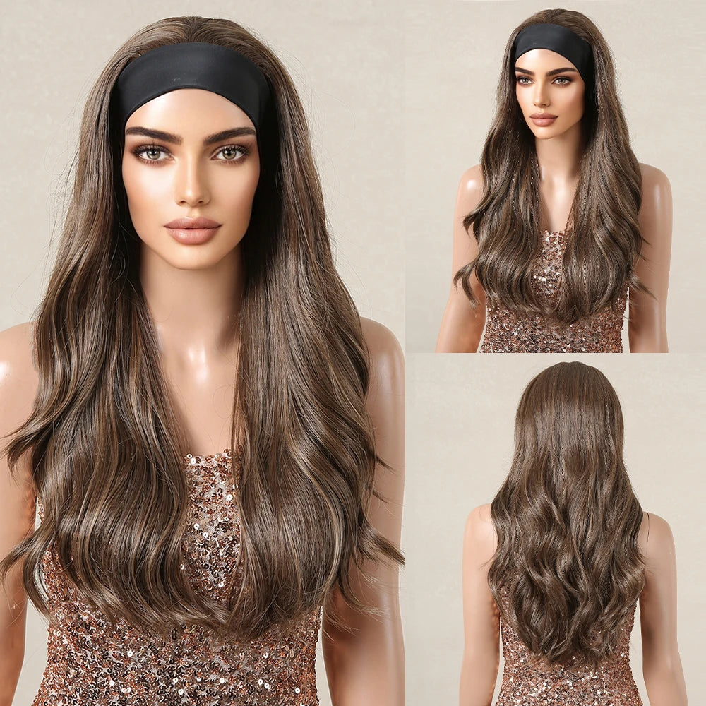 HENRY MARGU Women's Headband Wig Synthetic Hair Long Straight Brown Gloden Highlight Glueless Wigs for Black Women Machine Made