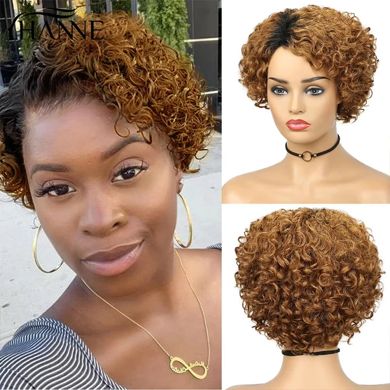 Short Curly Human Hair Wigs Afro Curly Wave Side Part Wig for Women Full Machine Made Human Hair Natural Black Blonde Wig