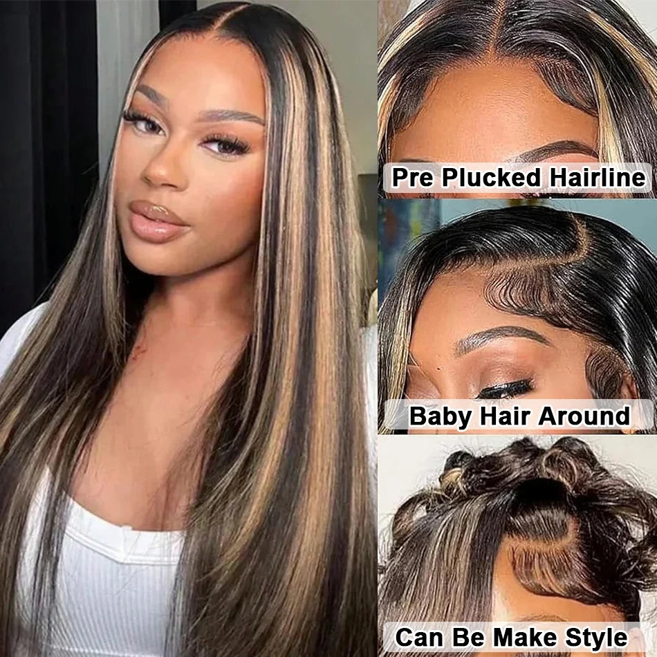 1B/27 Highlight Straight 13x4 Lace Frontal Wig Human Hair Brazilian Pre Plucked Ombre Blonde Colored Lace Front Wigs for Women