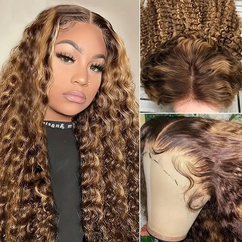 30 Inch Water Wave Highlight Wig 4/27 Ombre Human Hair 13x6 HD Lace Front 250% Density Natural Hairline Pre-Plucked Curly Wigs