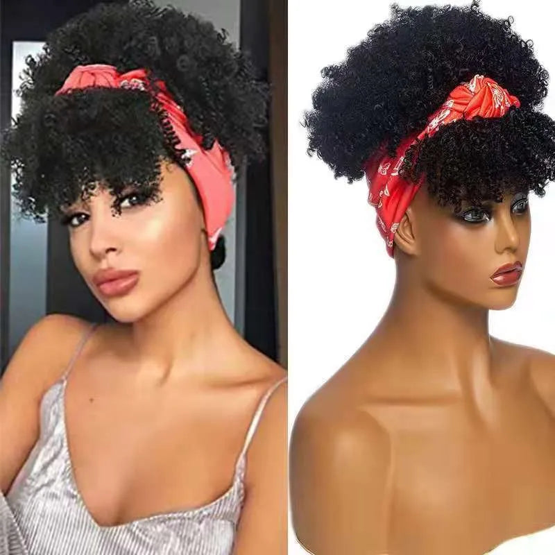 Cosplay Wig Synthetic Hair Afro Kinky Curly Wig With Bangs Headband Wig Short Wigs for Black Women Headgear