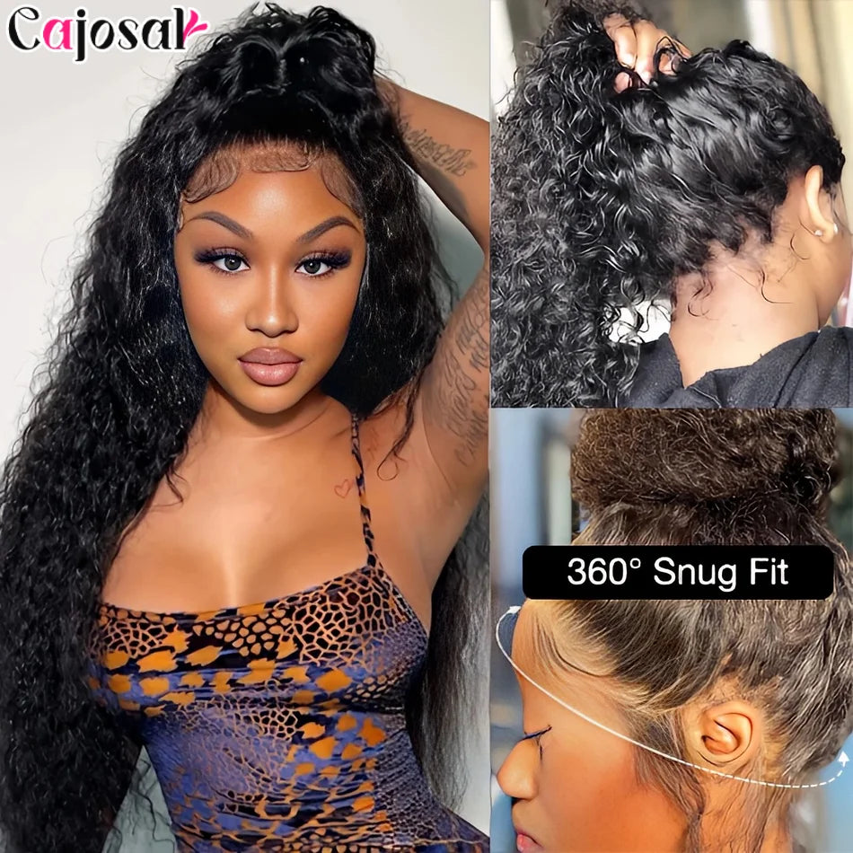 360 Full Invisi Strap Drawstring Sung HD Lace 30 Inch Human Hair Wigs 250% Density Water Kinky Curly Pre Plucked Glueless Black