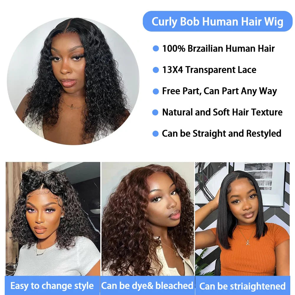 13X4 Water Wave Lace Front Wig Short Curly Bob Wig Pre Plucked 250% Density Deep Wave 100% Virgin Human Hair for Women 10 Inch