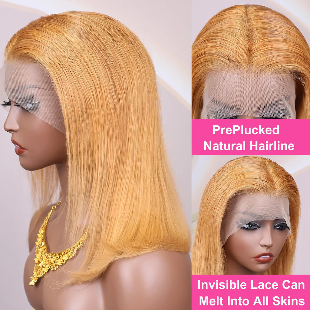 #30 Honey Blonde Human Hair Wig Straight Bob Wig 100% Human Hair Pre Plucked 200 Density Short Gold Wig 13x4 Hd Lace Front Wig