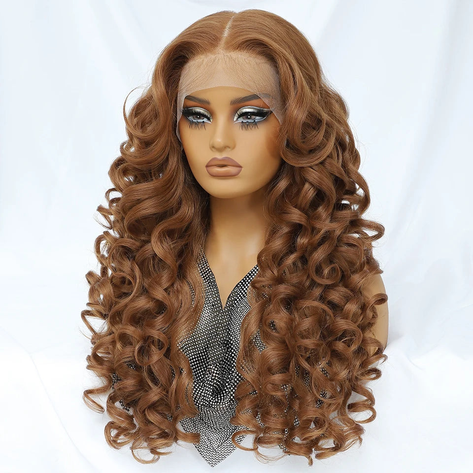 Latisha HD Synthetic Lace Front Wigs Curly Pre Plucked Lace Frontal Wig with Bangs for Women Highlight with Babyhair 24Inch