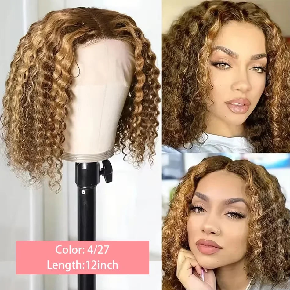 Highlight Curly Bob 13x4 Lace Frontal Wig Brazilian Ombre Brown Deep Water Wave Short Bob Lace Front Human Hair Wigs For Women
