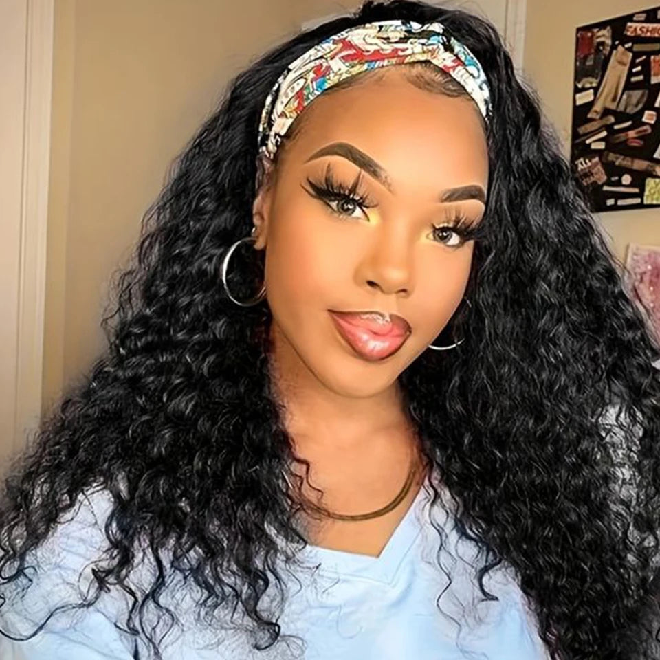 Kinky Curly Human Hair Headband Wig For Black Women 250% Density Glueless Brazilian Remy Jerry Curl Full Machine Made Hair