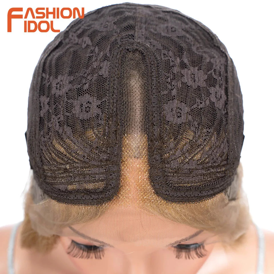 FASHION IDOL 26 Inch Long Straight Lace Front Wig With Bangs Synthetic Hair Ombre Black Blonde Highlight Cosplay Wigs For Women