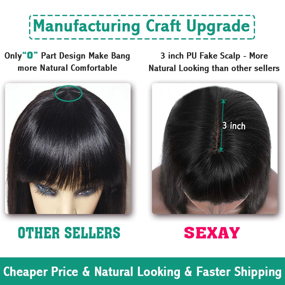 Sexay Scalp Bang Human Hair Wig Raw Indian Straight Human Hair Fringe Wigs Fake Scalp 8-24 Inch 200 Density Human Wigs For Women