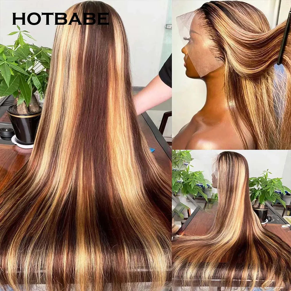 Glueless Wig Human Hair Ready To Wear Highlight Straight 13x6 HD Lace Front Human Hair Wigs For Women Preplucked Brazilian Hair