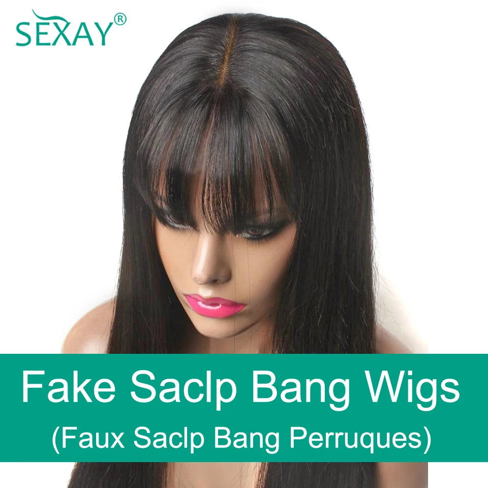 Sexay Scalp Bang Human Hair Wig Raw Indian Straight Human Hair Fringe Wigs Fake Scalp 8-24 Inch 200 Density Human Wigs For Women