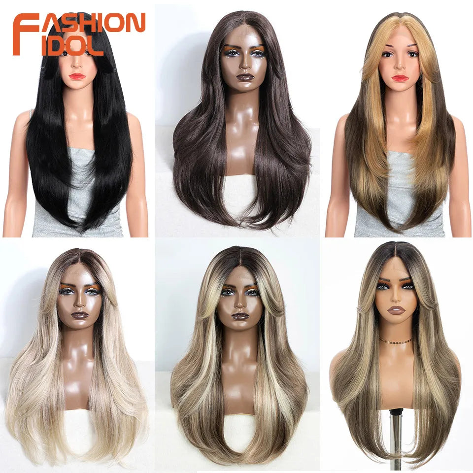 FASHION IDOL 26 Inch Long Straight Lace Front Wig With Bangs Synthetic Hair Ombre Black Blonde Highlight Cosplay Wigs For Women