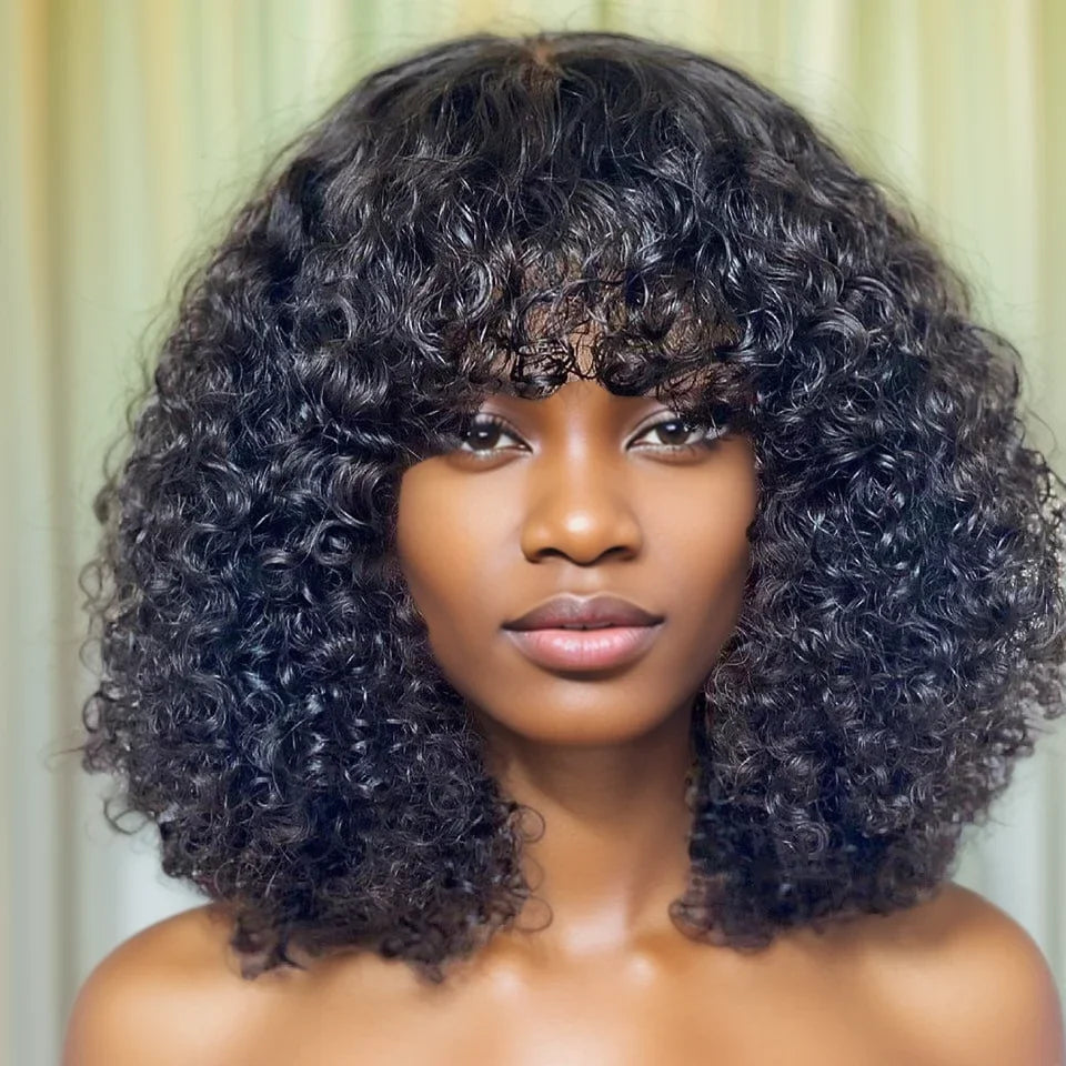 Curly Short Bob Cut Human Hair Wigs With Bangs Bob Wig Kinky Curly Wigs Human Hair Bob With Bang For Women Full Machine Made Wig
