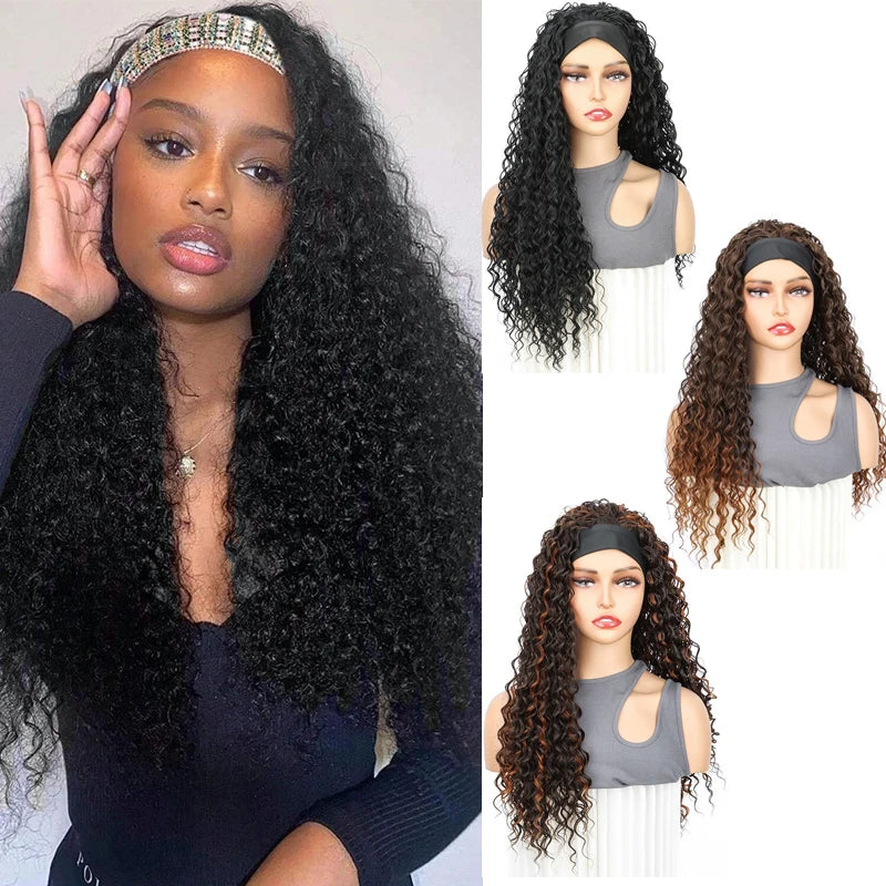 26Inch Synthetic Long Kinky Curly Headband Wigs for Black Women Heat Resistant Hair Band Wig for Daily Party Use