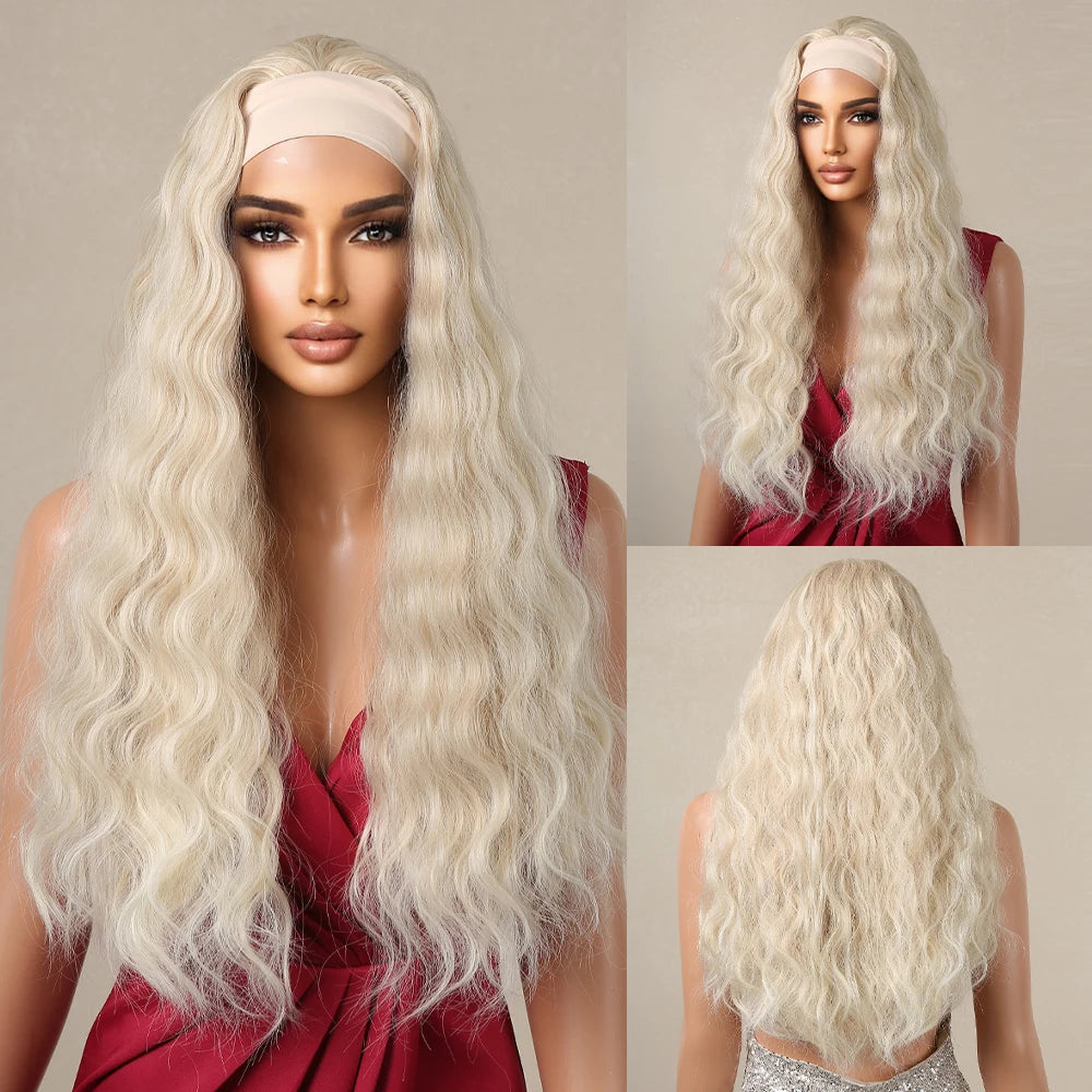 Headband Synthetic Wigs Long Afro Kinky Curly Golden Blonde Platinum Ombre Wig for Black Women Use Water Wave Wig Heat Resistant