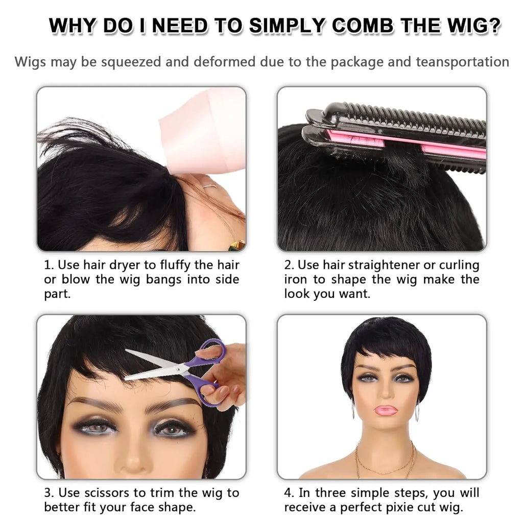 Wear and Go Wig Pixie Cut Human Hair Wigs for Black Women None Lace Front Wig Short Layered Wigs with Bangs for Daily Wear