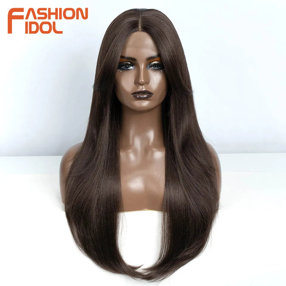 FASHION IDOL 26 Inch Long Straight Lace Front Wig With Bangs Synthetic Hair Ombre Black Blonde Highlight Cosplay Wigs For Women