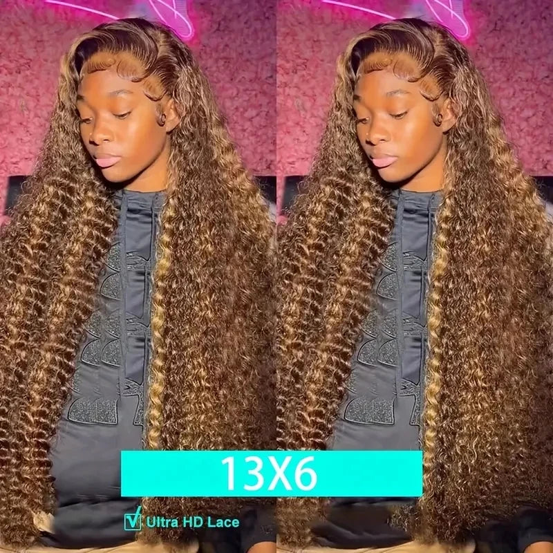 30 Inch Water Wave Highlight Wig 4/27 Ombre Human Hair 13x6 HD Lace Front 250% Density Natural Hairline Pre-Plucked Curly Wigs