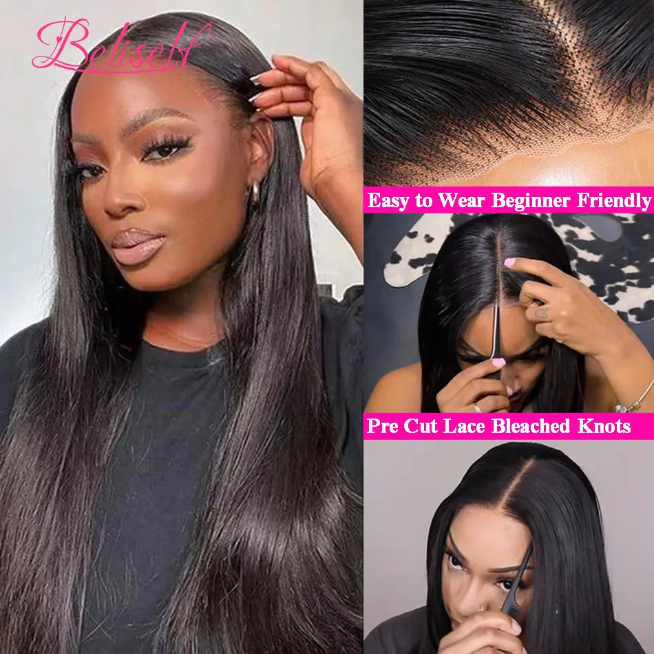 Beliself Glueless Human Hair Wig Straight 13x6 HD Lace Frontal Wig Pull Go Glueless Wig Human Hair with Elastic Drawstring