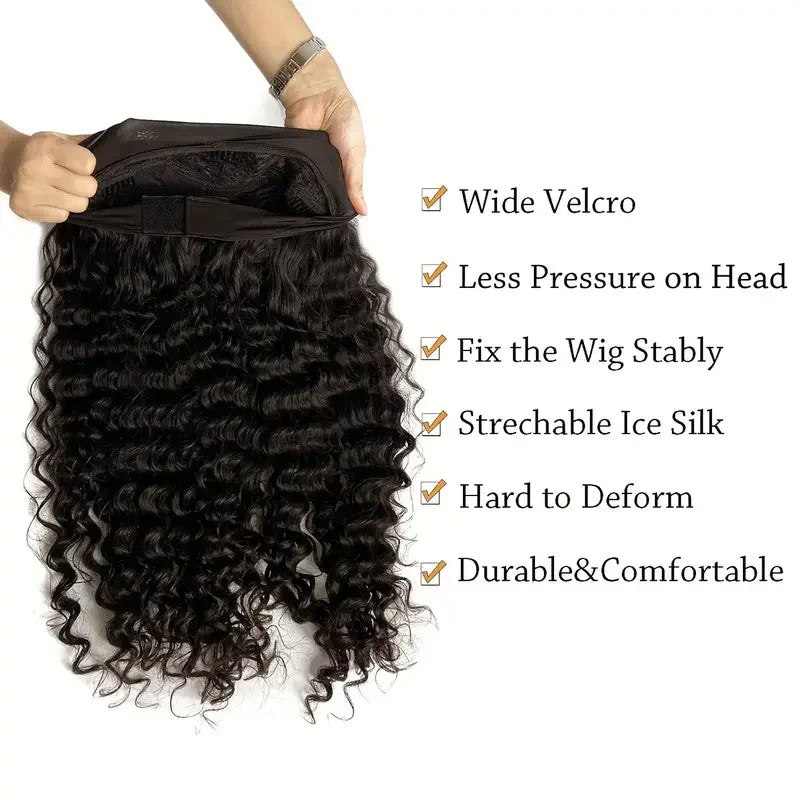 Headband Wigs-Water Wave Headband Wigs Human Hair For Women, 16-24 Inches Remy Hair Full Machine Made Black Curly Hair Band Wigs