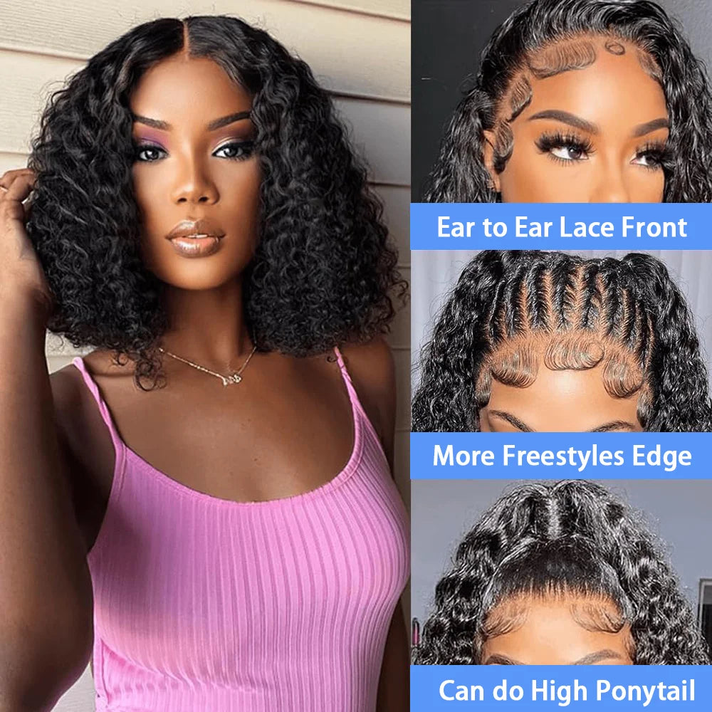 13X4 Water Wave Lace Front Wig Short Curly Bob Wig Pre Plucked 250% Density Deep Wave 100% Virgin Human Hair for Women 10 Inch