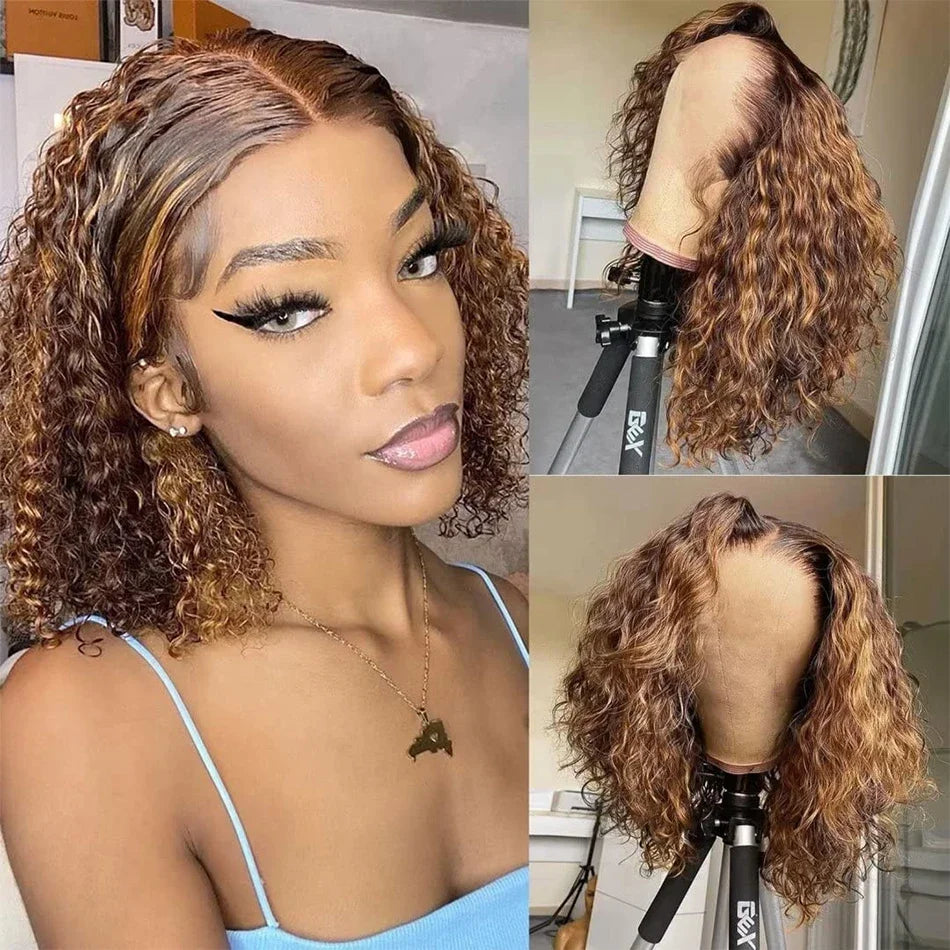 Highlight Curly Bob 13x4 Lace Frontal Wig Brazilian Ombre Brown Deep Water Wave Short Bob Lace Front Human Hair Wigs For Women