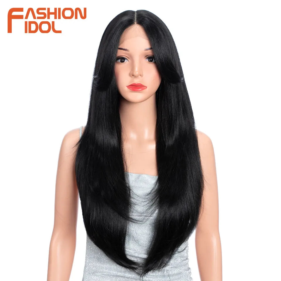 FASHION IDOL 26 Inch Long Straight Lace Front Wig With Bangs Synthetic Hair Ombre Black Blonde Highlight Cosplay Wigs For Women