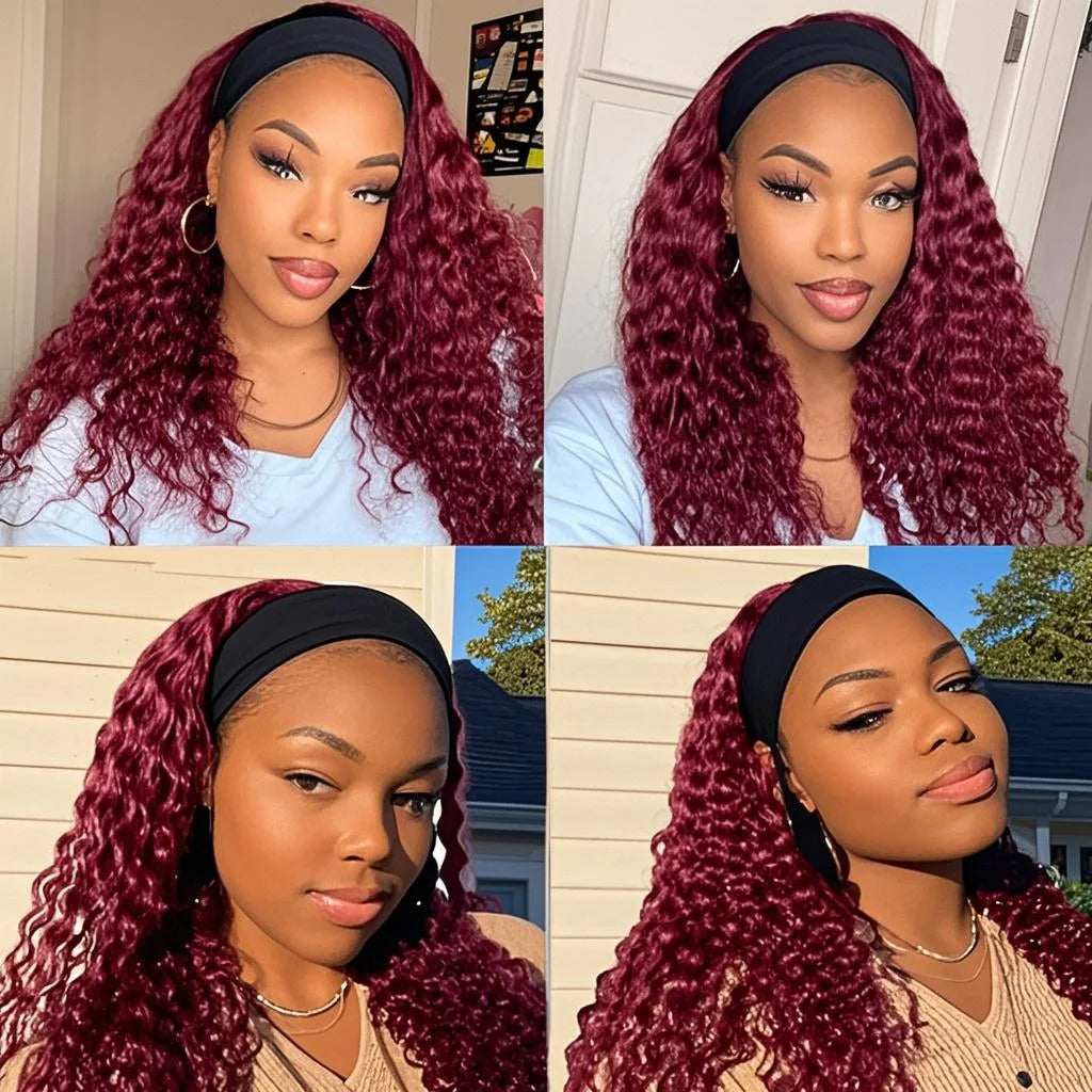 Headband Wig Human Hair 99J 30 Inch 200% Density Burgundy Deep Wave Headband Wig 100% Human Hair Wigs Curly Glueless Wig