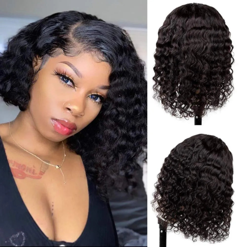 13X4 Water Wave Lace Front Wig Short Curly Bob Wig Pre Plucked 250% Density Deep Wave 100% Virgin Human Hair for Women 10 Inch