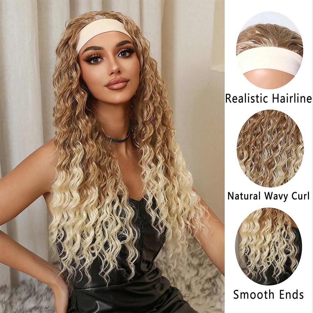 Headband Synthetic Wigs Long Afro Kinky Curly Golden Blonde Platinum Ombre Wig for Black Women Use Water Wave Wig Heat Resistant