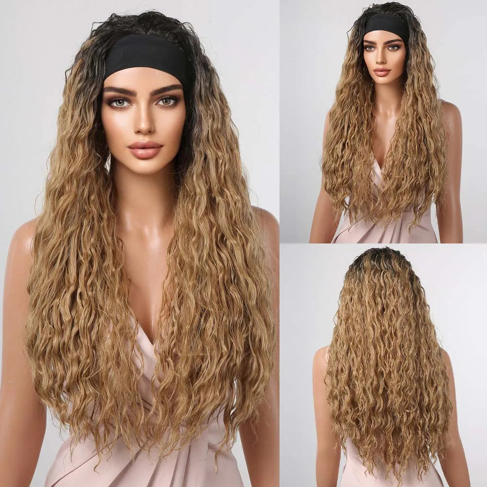 HENRY MARGU Women's Headband Wig Synthetic Hair Long Straight Brown Gloden Highlight Glueless Wigs for Black Women Machine Made