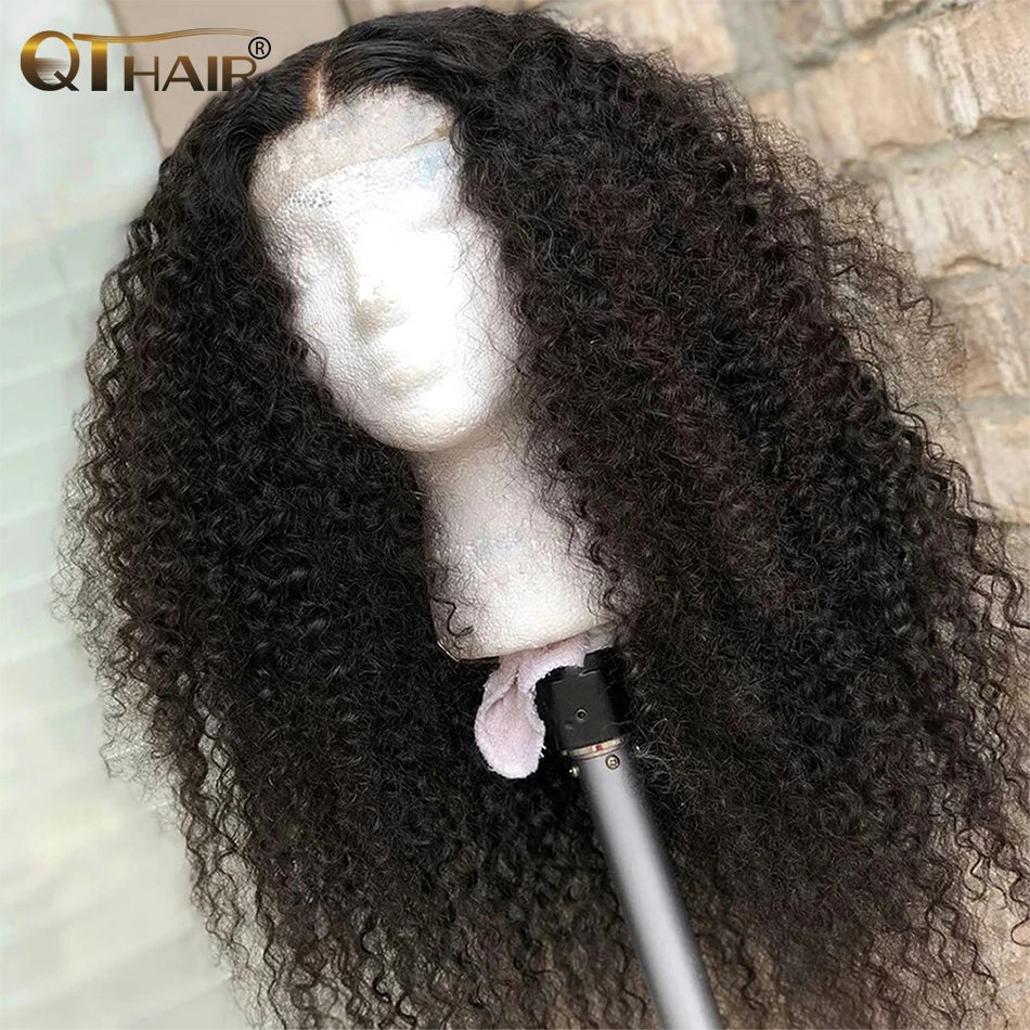 QT Brazilian 13x4 Kinky Curly Lace Front Wigs Transparent Lace Frontal Curly Wigs For Black Women Pre Plucked With Baby Hair