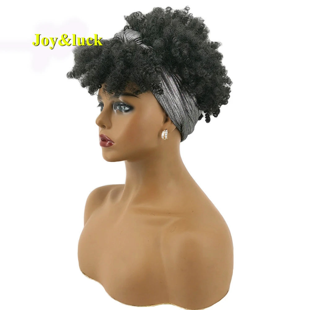 Synthetic Headband Wig Afro Kinky Curly Brown Wigs For Women Black Turban Link Natural Short Curly Hair