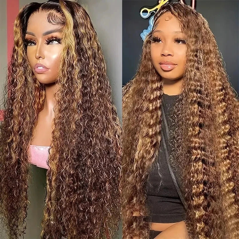30 Inch Water Wave Highlight Wig 4/27 Ombre Human Hair 13x6 HD Lace Front 250% Density Natural Hairline Pre-Plucked Curly Wigs