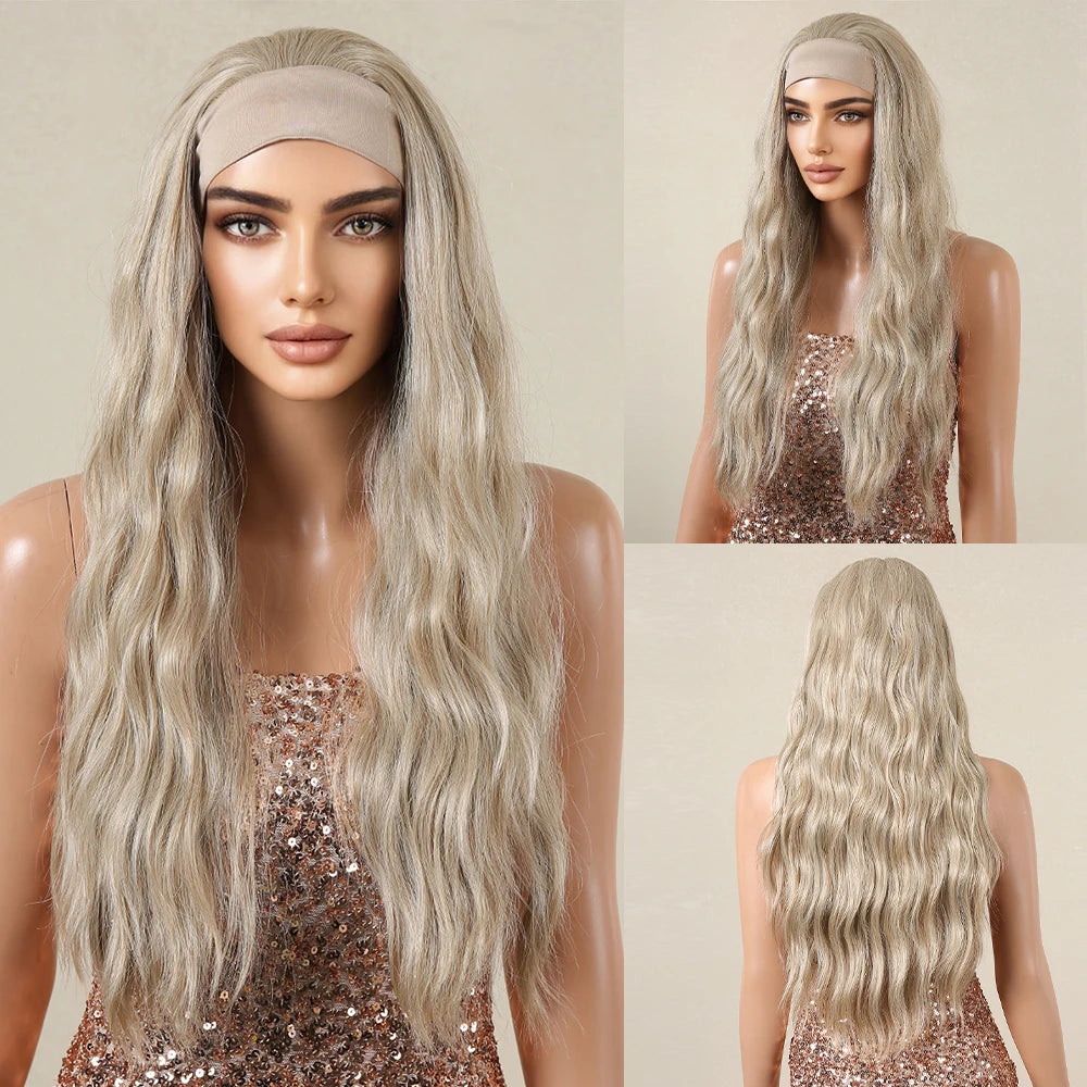 HENRY MARGU Women's Headband Wig Synthetic Hair Long Straight Brown Gloden Highlight Glueless Wigs for Black Women Machine Made