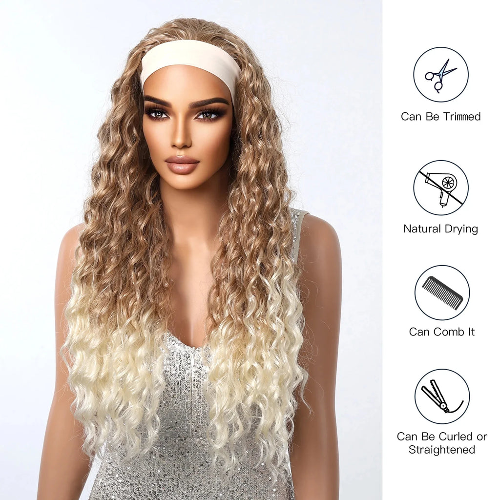 Headband Synthetic Wigs Long Afro Kinky Curly Golden Blonde Platinum Ombre Wig for Black Women Use Water Wave Wig Heat Resistant