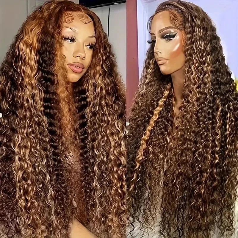 30 Inch Water Wave Highlight Wig 4/27 Ombre Human Hair 13x6 HD Lace Front 250% Density Natural Hairline Pre-Plucked Curly Wigs