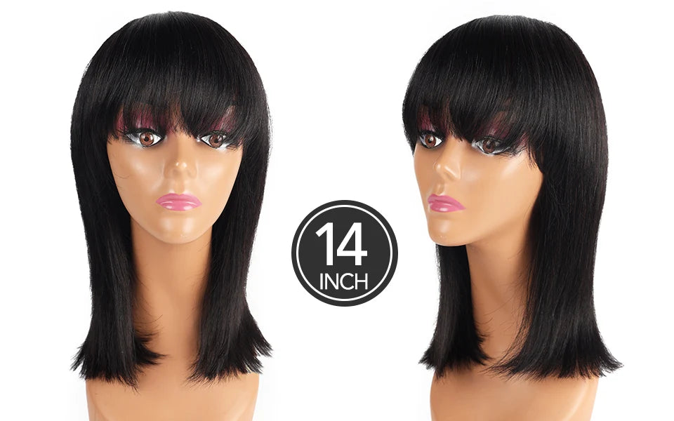 Straight Human Hair Wigs With Bangs Remy Brazilian Cute Bob Cut Human Hair Wig 100% Natural Bob Bangs Wig