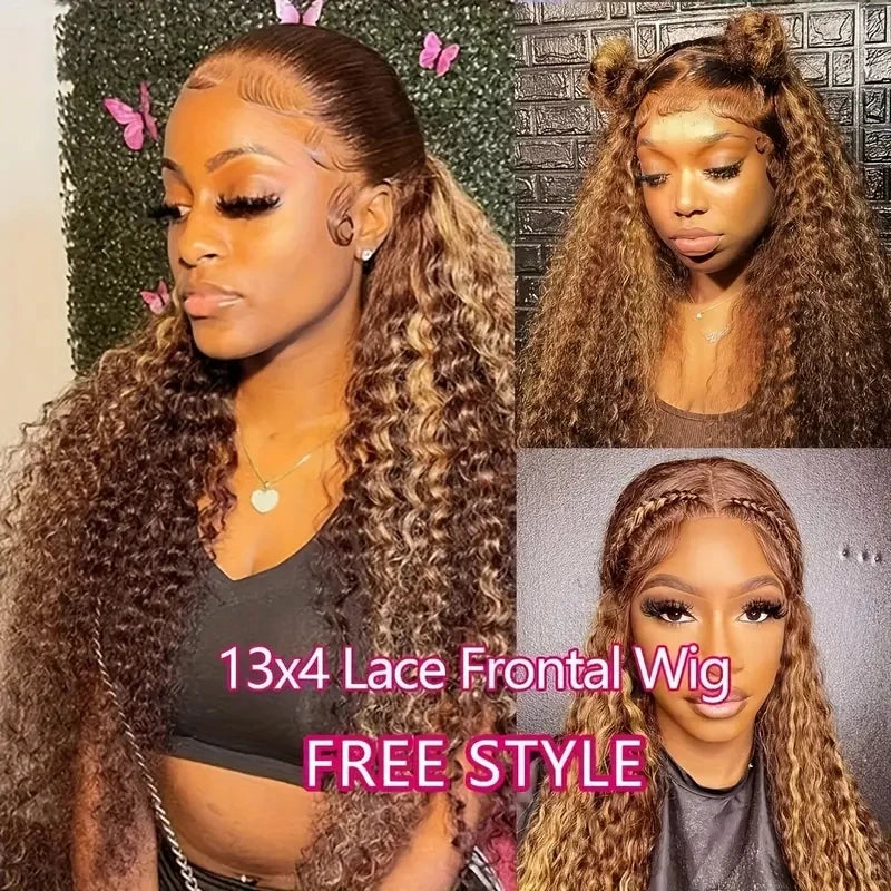 30 Inch Water Wave Highlight Wig 4/27 Ombre Human Hair 13x6 HD Lace Front 250% Density Natural Hairline Pre-Plucked Curly Wigs