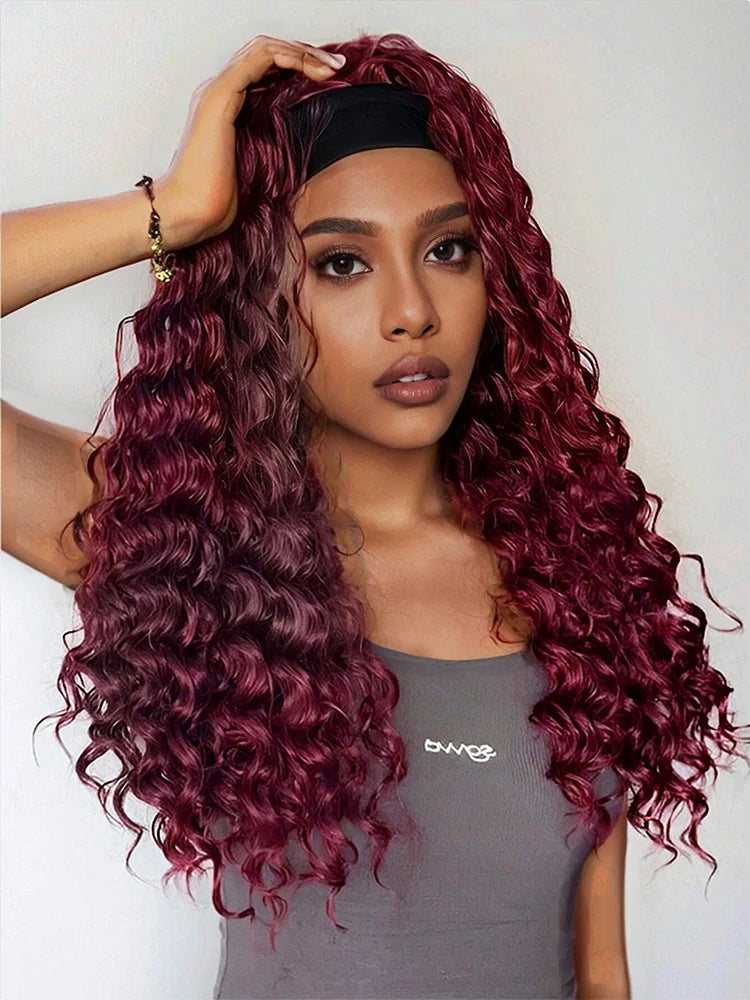 Headband Wig Human Hair 99J 30 Inch 200% Density Burgundy Deep Wave Headband Wig 100% Human Hair Wigs Curly Glueless Wig