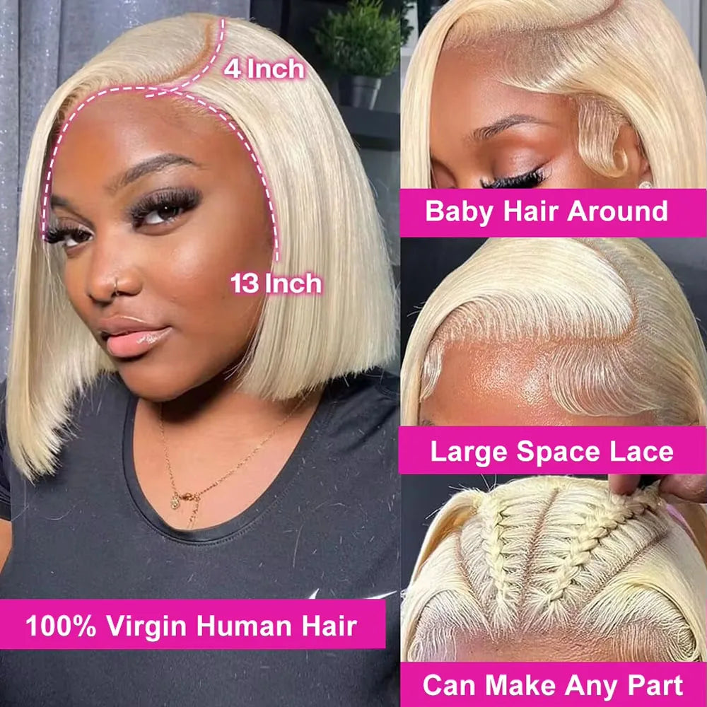 613 Blonde Short Bob Wig 13x4 HD Transparent Lace Frontal Wig Straight Hair Wig 100% Human Hair Wig 180 Density For Women