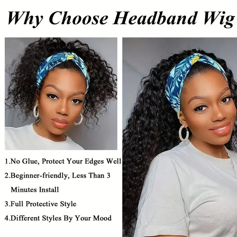 Headband Wigs-Water Wave Headband Wigs Human Hair For Women, 16-24 Inches Remy Hair Full Machine Made Black Curly Hair Band Wigs