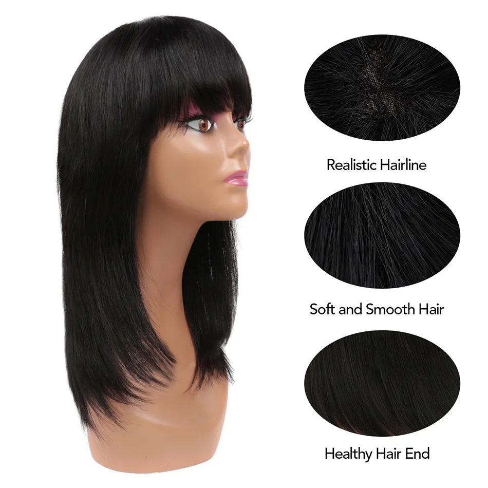 Straight Human Hair Wigs With Bangs Remy Brazilian Cute Bob Cut Human Hair Wig 100% Natural Bob Bangs Wig