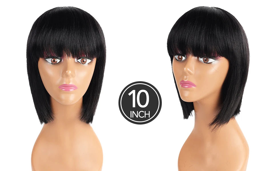 Straight Human Hair Wigs With Bangs Remy Brazilian Cute Bob Cut Human Hair Wig 100% Natural Bob Bangs Wig