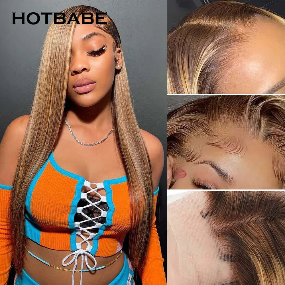 Glueless Wig Human Hair Ready To Wear Highlight Straight 13x6 HD Lace Front Human Hair Wigs For Women Preplucked Brazilian Hair
