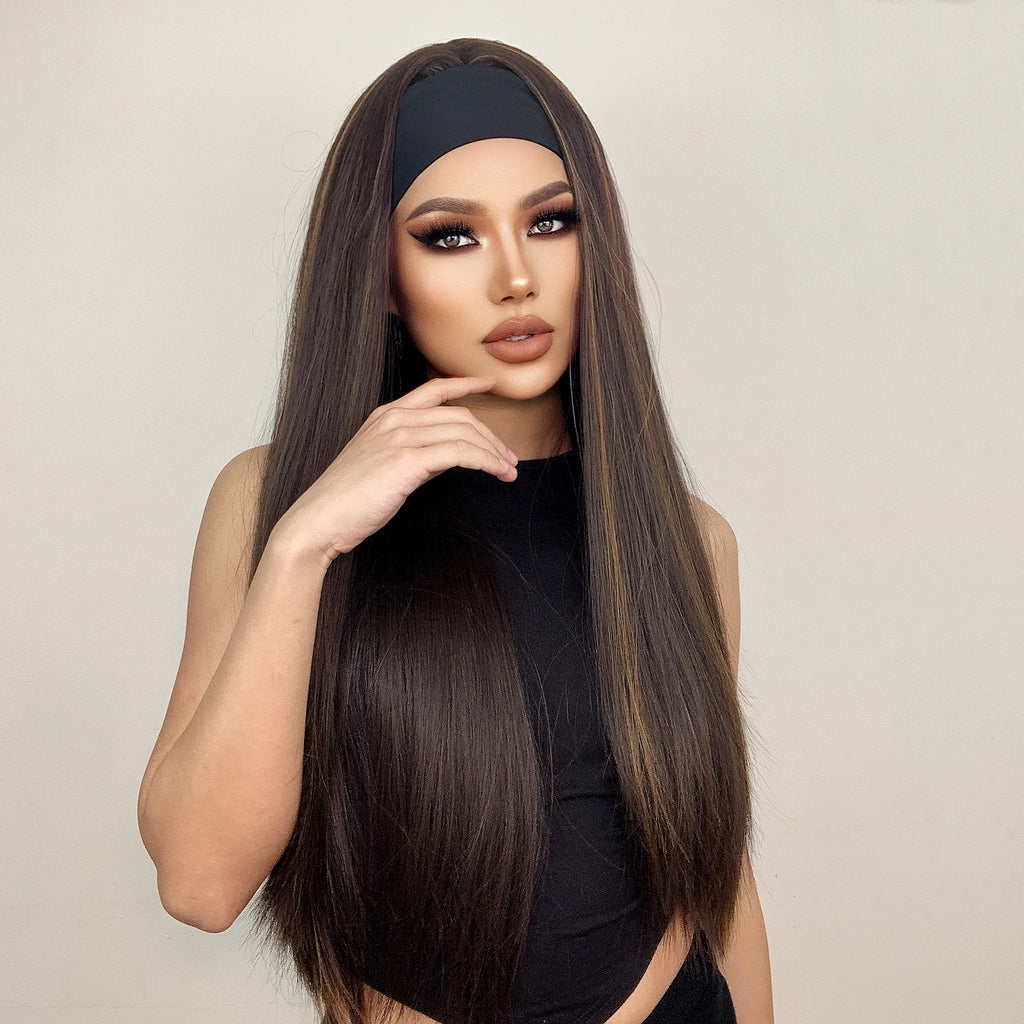 HENRY MARGU Women's Headband Wig Synthetic Hair Long Straight Brown Gloden Highlight Glueless Wigs for Black Women Machine Made