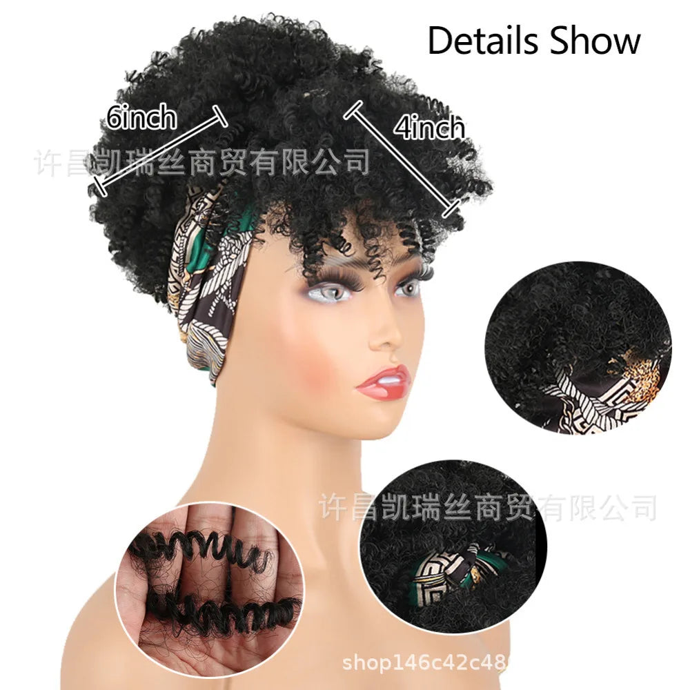 Cosplay Wig Synthetic Hair Afro Kinky Curly Wig With Bangs Headband Wig Short Wigs for Black Women Headgear