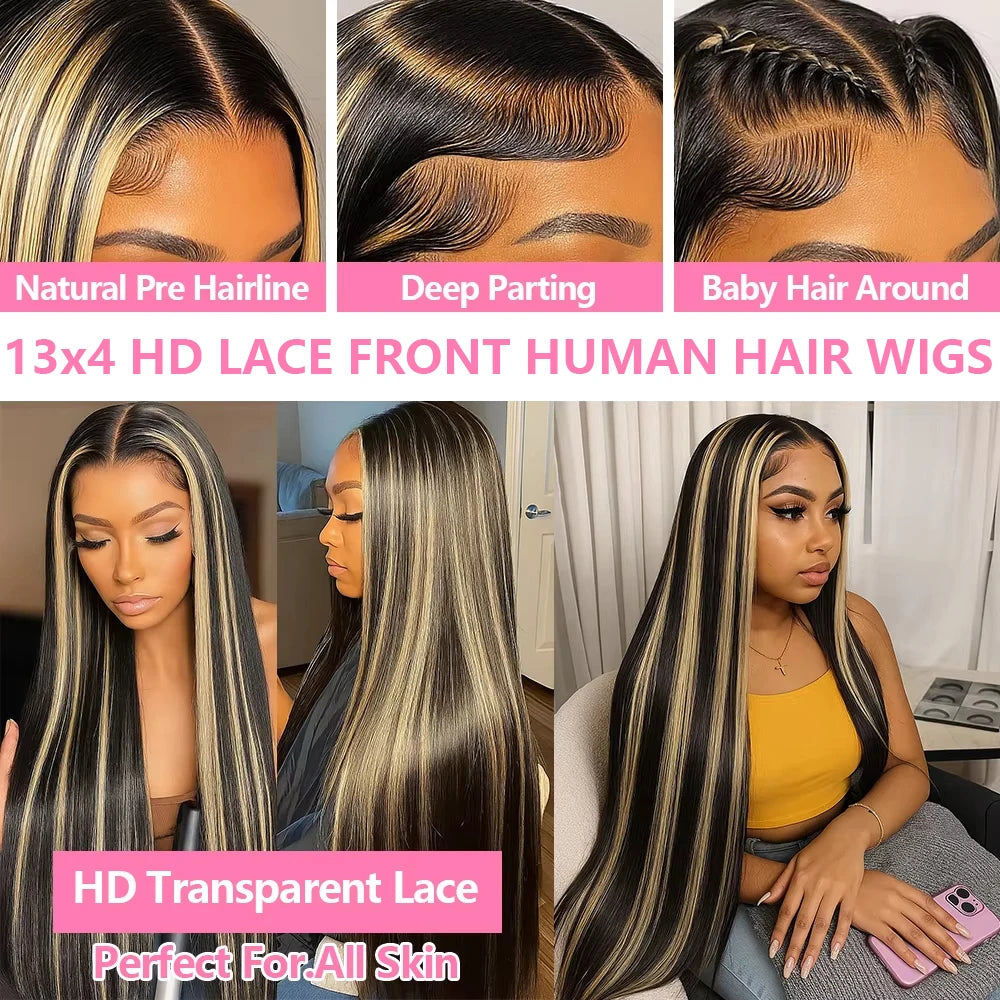 1B/27 Black and Blonde Highlights Bone Straight 13x4 HD Lace Front Human Hair Wigs 200% Brazilian Colored Lace Frontal Wig