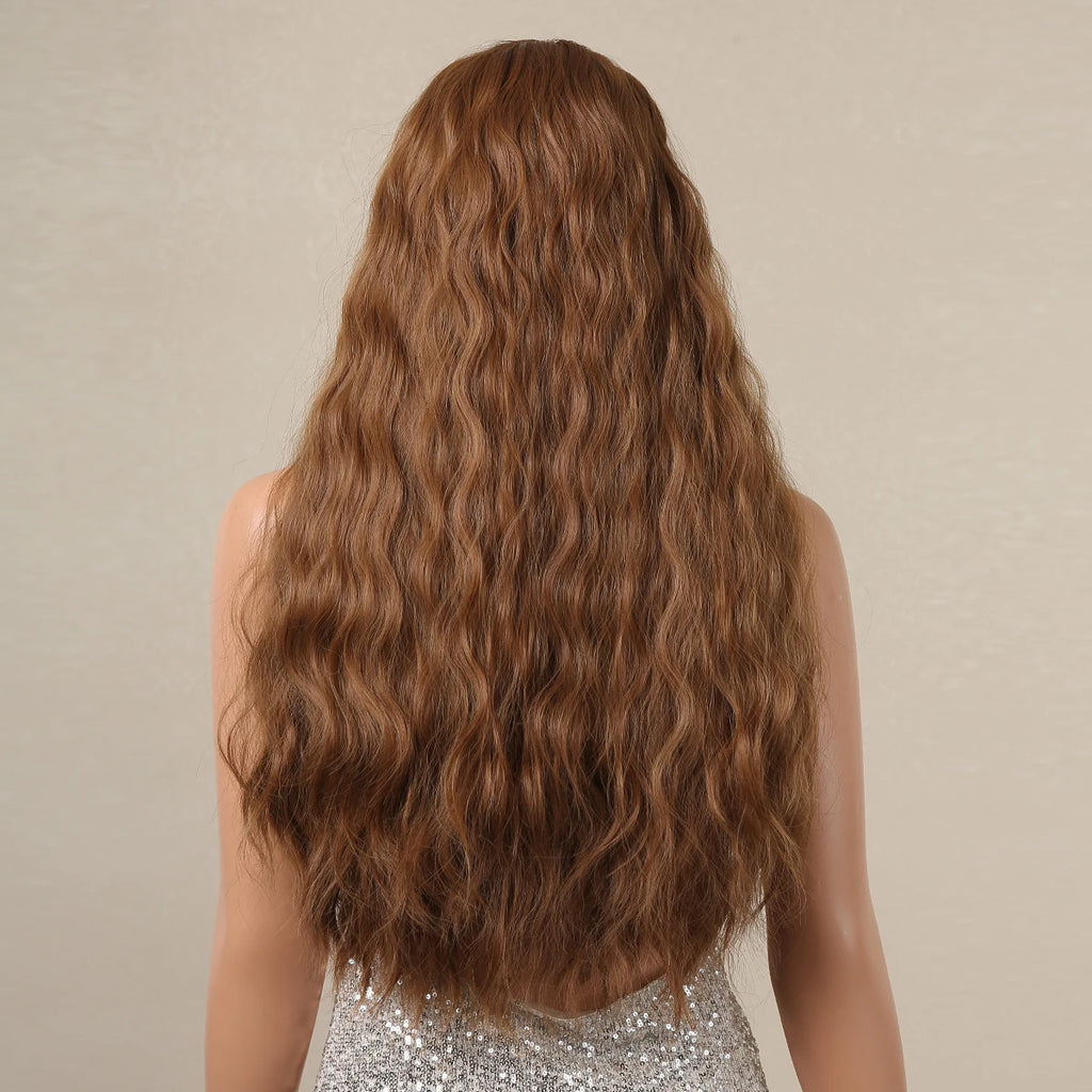 Brown Headband Synthetic Wig Long Curly Wavy Wig Natural Looking Daily Hair for Women Party Cosplay Use High Temperature Fiber