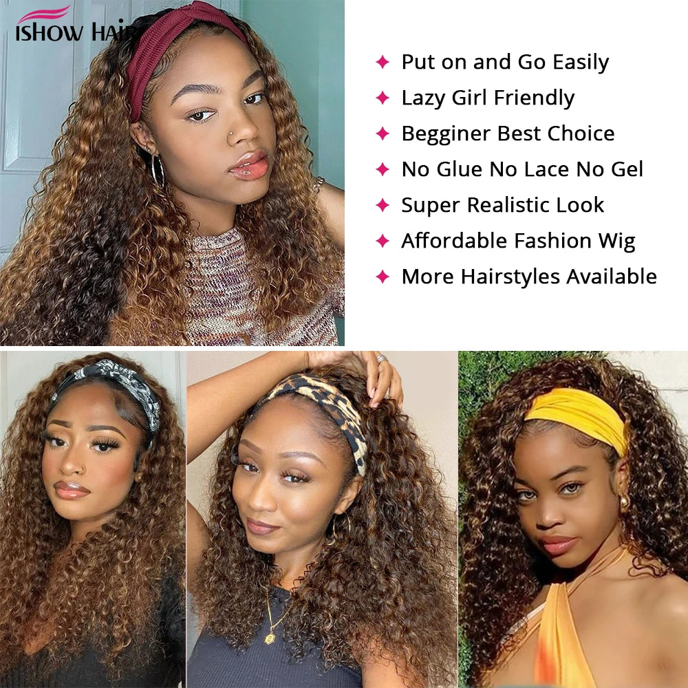 Headband Wig P4/27 Highlight Human Hair 250 Density Deep Wave Curly Human Hair Wigs Honey Blonde Colored Full Machine Made Wig